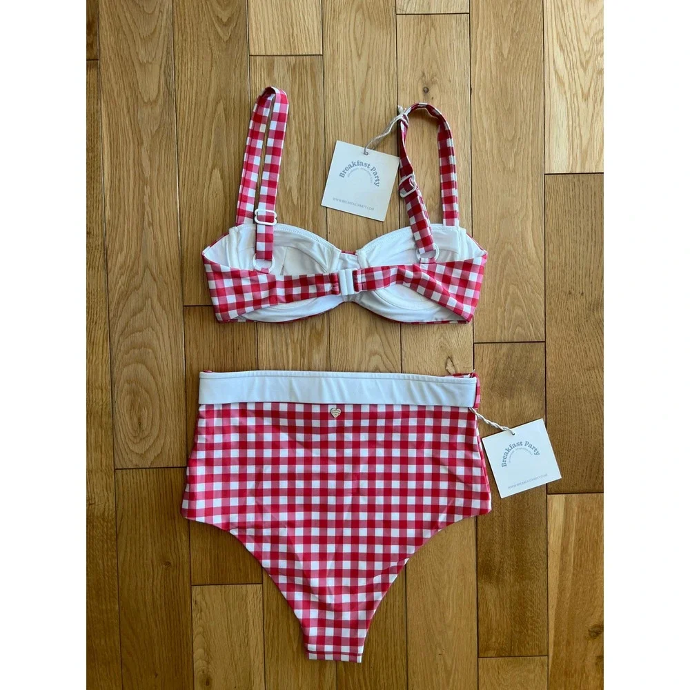 NEW Breakfast Party Cherry Waffle Gingham Bikini Swim Suit High Waist Retro Sz M